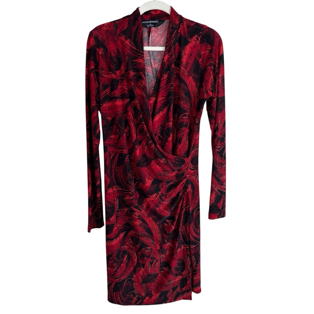 Norma Kamali Faux Wrap Dress Size Large Knee Length LS Red Black Stretch Career